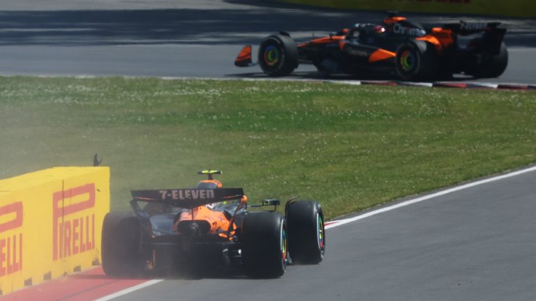 MONTREAL, QUEBEC - JUNE 15: Oscar Piastri of Australia driving the (81) McLaren MCL39 Mercedes leads after Lando Norris of Great Britain driving the (4) McLaren MCL39 Mercedes hits the wall during the F1 Grand Prix of Canada at Circuit Gilles-Villeneuve on June 15, 2025 in Montreal, Quebec. (Photo by Clive Rose/Getty Images)